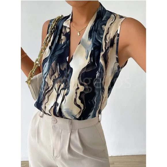 Marble Print Button Down Collared Sleeveless Blouse Top - Picture 3 of 11